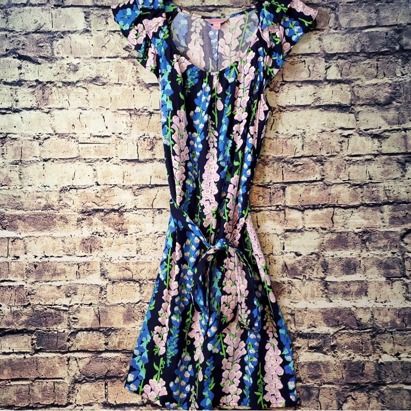 Lilly Pulitzer Blue Pink Green Floral Belted A-Line Rayon 35" Dress Size S